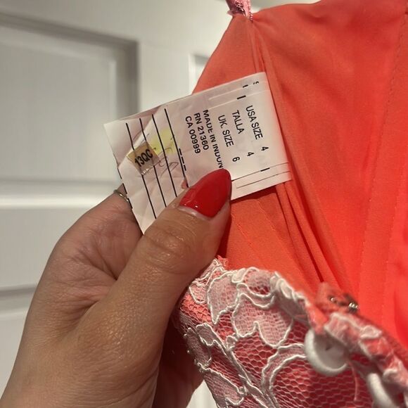 Mori Lee Coral Bridesmaid Dress with Lace Peplum top - Picture 5 of 11